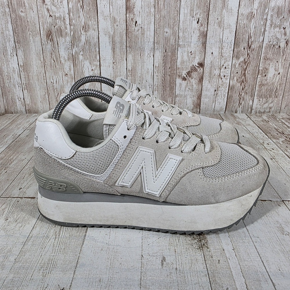 New Balance 574+ Womens Grey White Platform Sneakers WL574ZSC Size 8.5